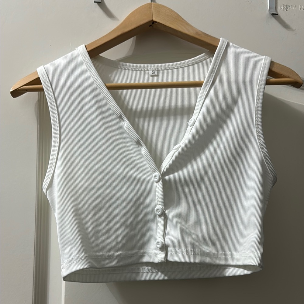 White Ribbed Button-Up Crop Top